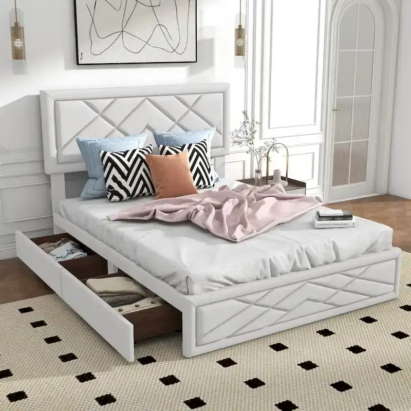 Queen Size Platform Bed with Headboard & Storage Frame