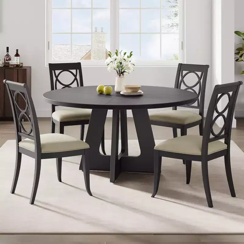 47 Inch Round Dining Table for 4-6 People, Farmhouse Circle Kitchen Dinner Table with Wooden Cross Pedestal Base for Dining Room (Table Only)