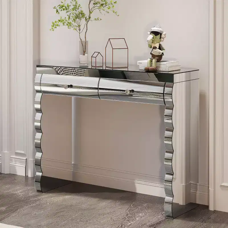 39 Modern Mirrored Console Table with 2 Drawers, Curved Glass Dressing Table, Entryway or Sofa Table for Hallway & Living Room-Panipeachy