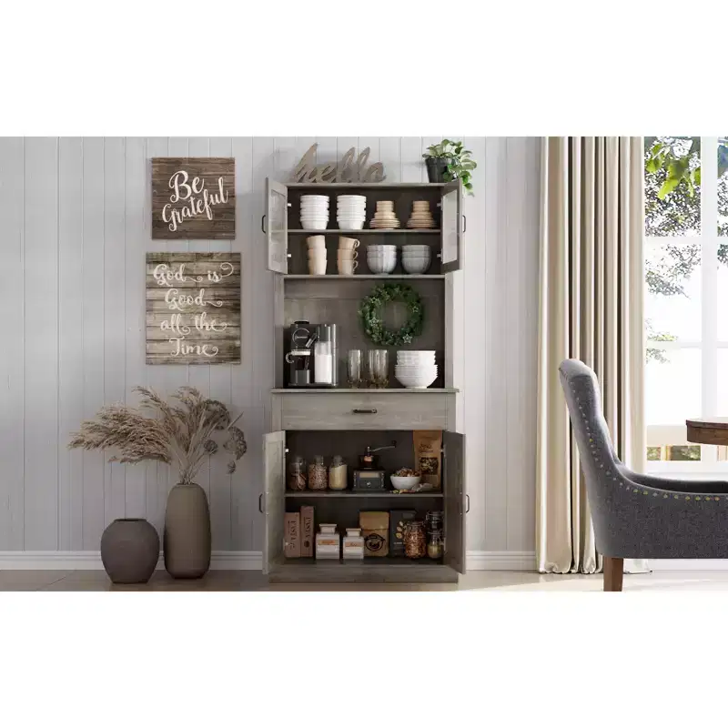 Farmhouse Buffet Cabinet with Drawers,Kitchen Pantry Storage Cabinet, Microwave Stand, Glass Door Coffee Cabinet for Dining Room,