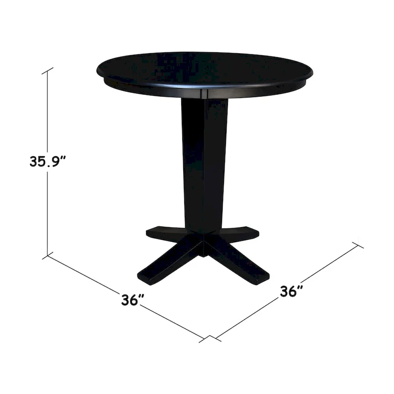 Round Solid Parawood Counter Height Pedestal Dining Table – Black / White / Distressed Oak / Unfinished / Hickory