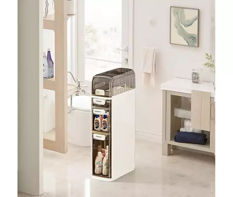 4-Tier Slim Storage Cabinet with Wheels, 7.1 Wide Freestanding Organizer with 3 Drawers & Toilet Paper Holder, for Bathroom, Kitchen