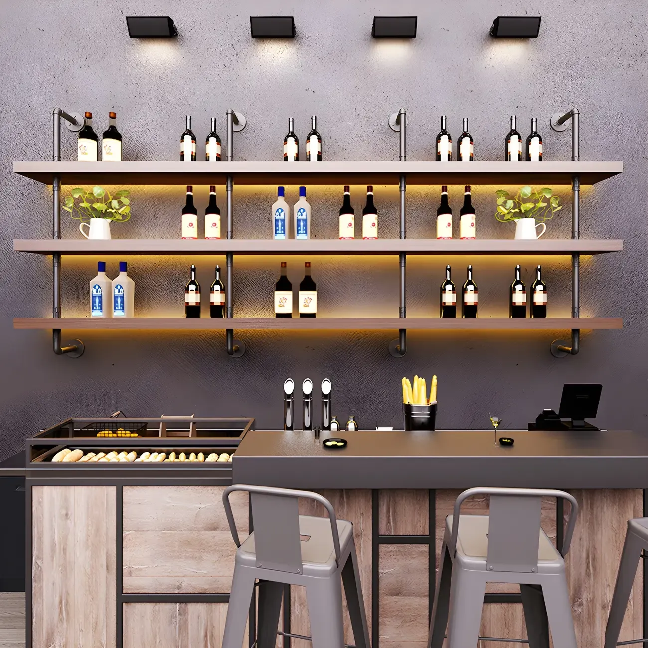 Brown Pine Wood Wall-Mounted Wine Rack with Light