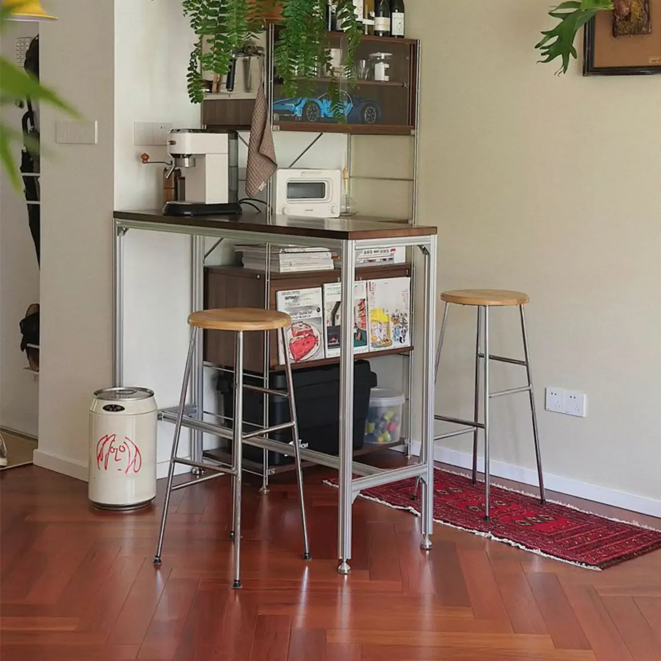 Modern Brown Wood Silver Metal Trestle Bar Tables