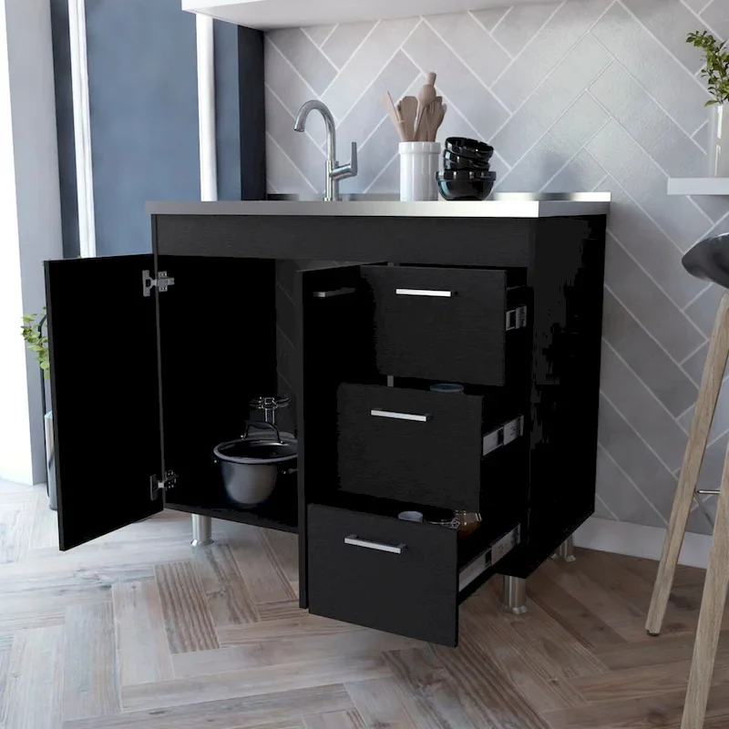 Darien melamine base cabinet, three drawers and stainless steel top. - N/A