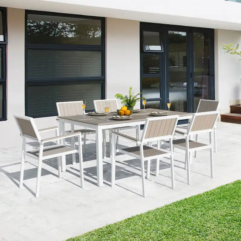 Outdoor Dining Set for 6, Patio Table with Umbrella Hole, Stackable Design