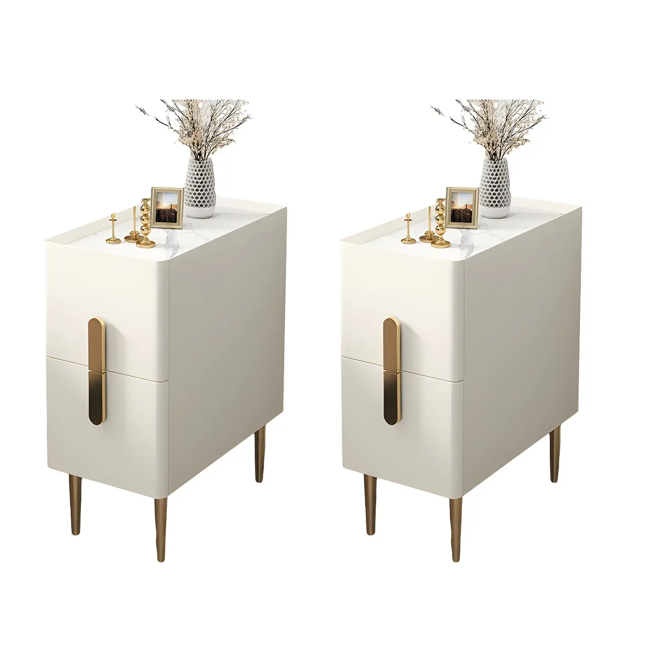 Modern Stone Countertop Faux Leather Nightstand with 2 Drawers