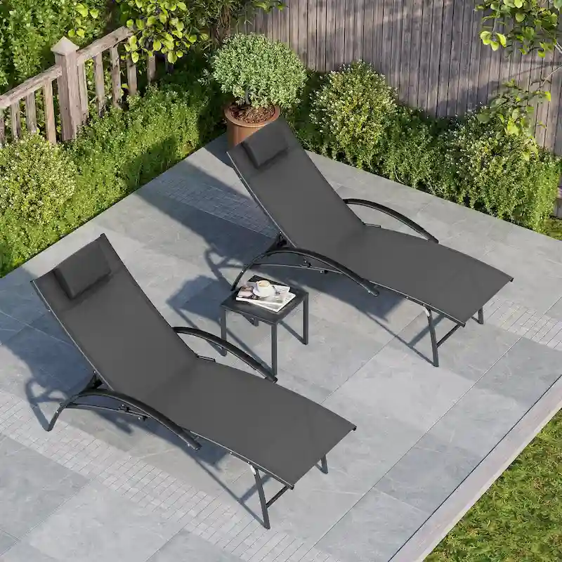 3-piece Outdoor Folding Adjustable Reclining Chaise Lounge Chairs with Side Table