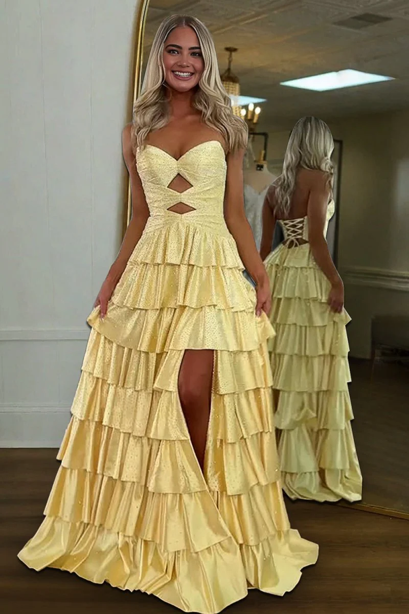 Yellow Strapless A Line Satin Beaded Long Prom Dresses With Ruffles