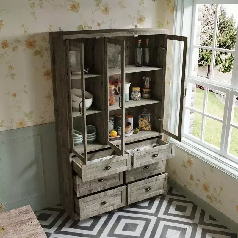 Famapy Vintage Kitchen Cabinet with Adjustable Shelves Rustic Storage Hutch with 6 Drawers Kitchen Pantry with Glass Door Antique-Style