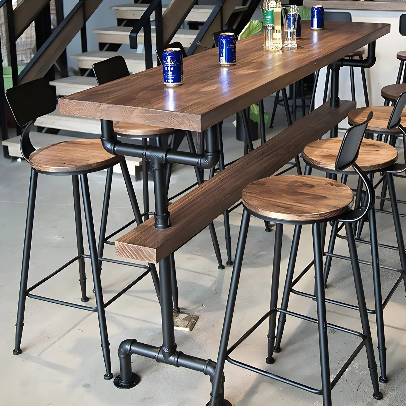 Rectangular Brown Pine Wood Bar Table with Footrest