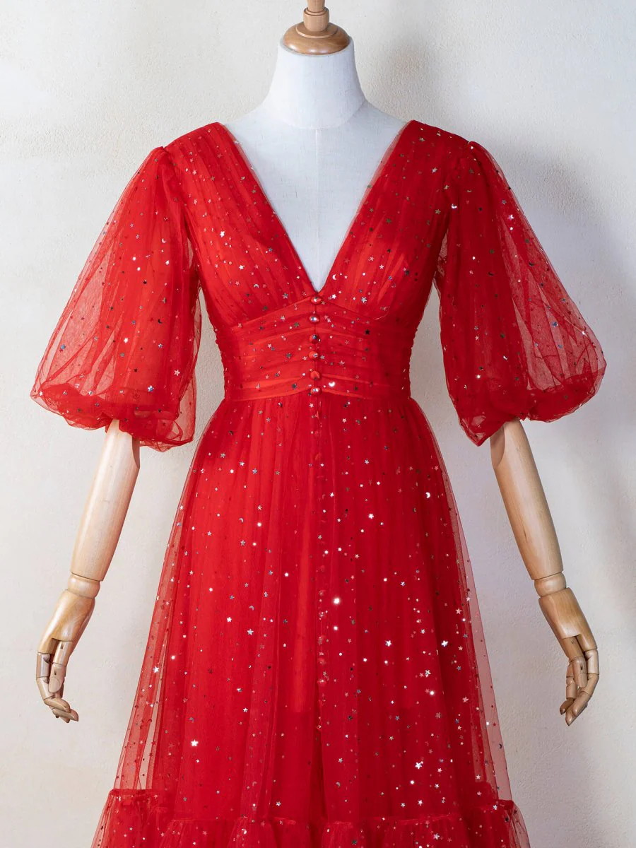 V-neck Glitter Ankle Length Tulle Prom Dress