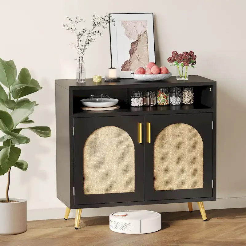 Black Rattan 2-Door Buffet Sideboard Cabinet with Adjustable Shelves