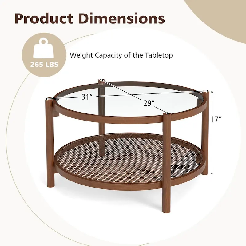 Costway Wooden 31 Round Coffee Table with Tempered Glass Top Handmade - Cherry+Transparent - See Details