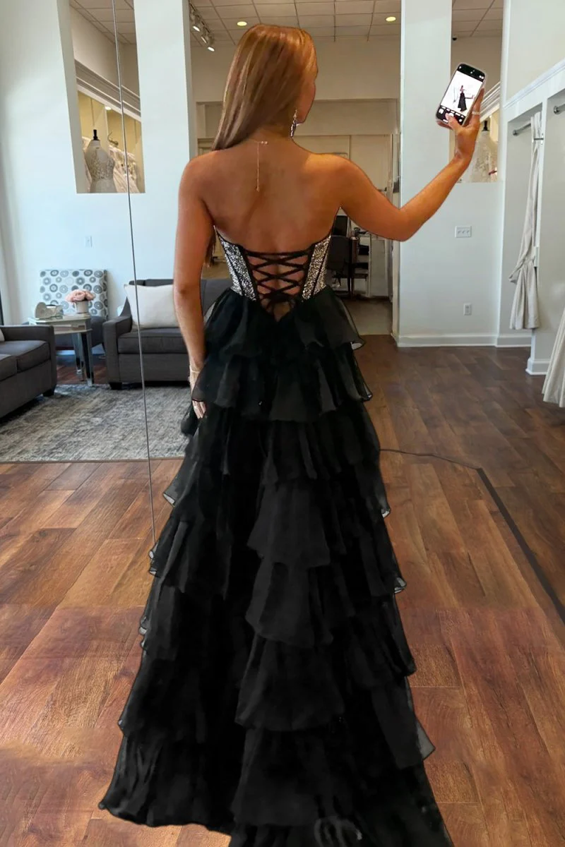 Black - A Line Strapless Chiffon Beaded Corset Long Prom Dress With Slit