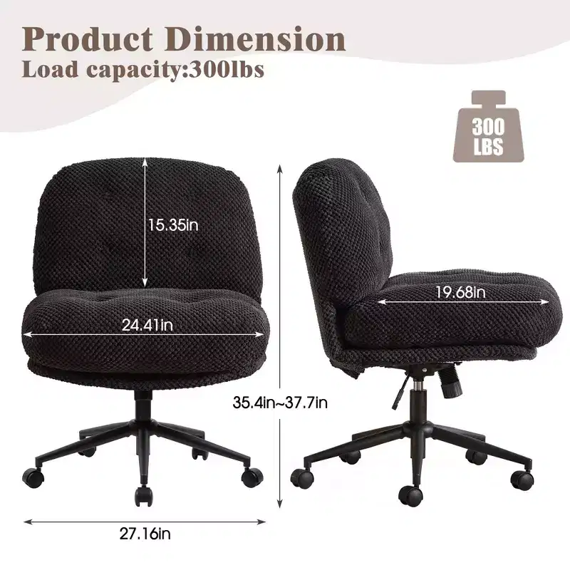 Cross-Leg Chair on Wheels: Wider Thick Seat, Swivel Ergonomic Desk/Vanity, Black