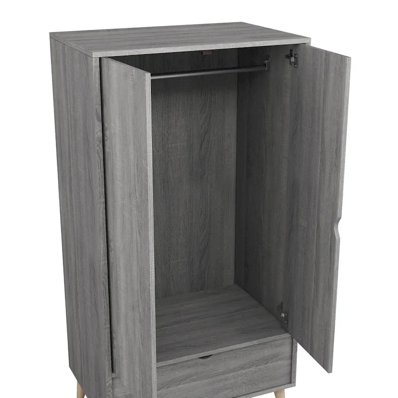 Distressed Grey Mid-Century 1-Drawer Wardrobe Armoire