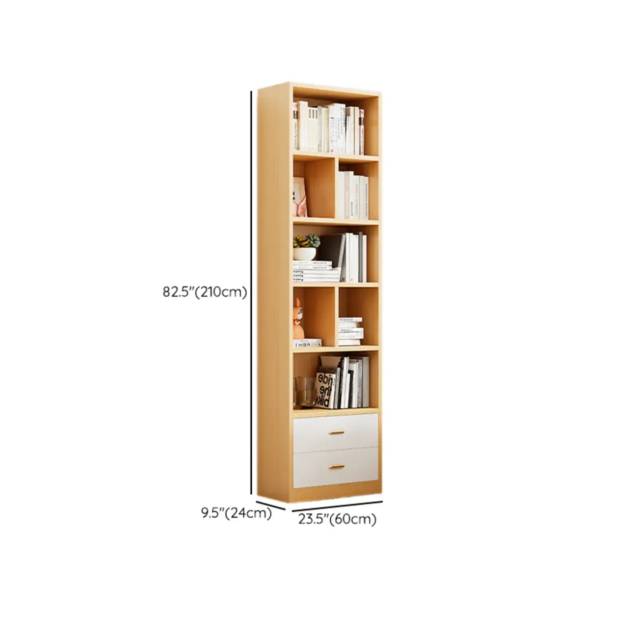 Natural Finish Narrow 6 Shelves Wooden Bookcase with Drawer