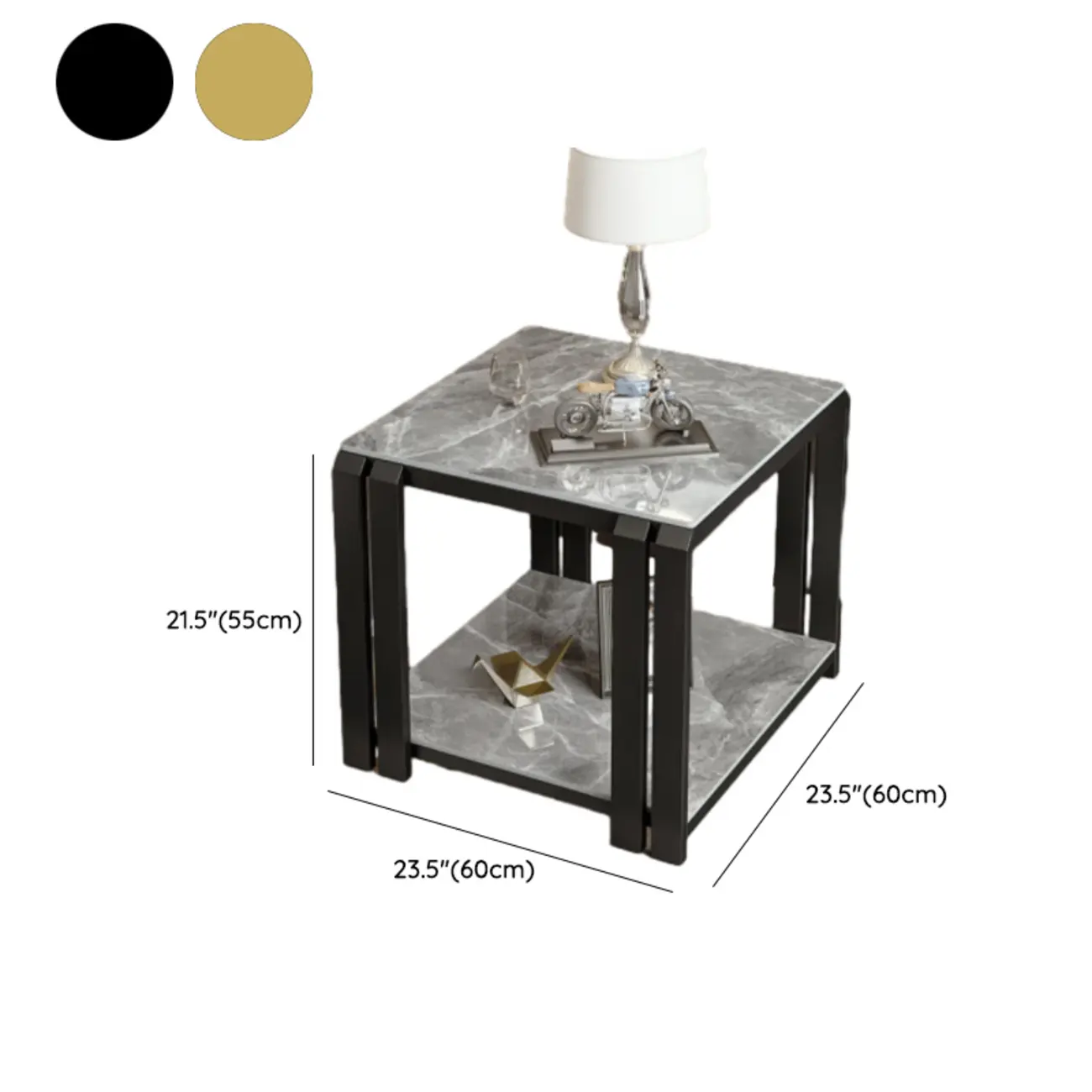 Gold-Black 2-Tier Stone Top Square Metal Frame Side Table