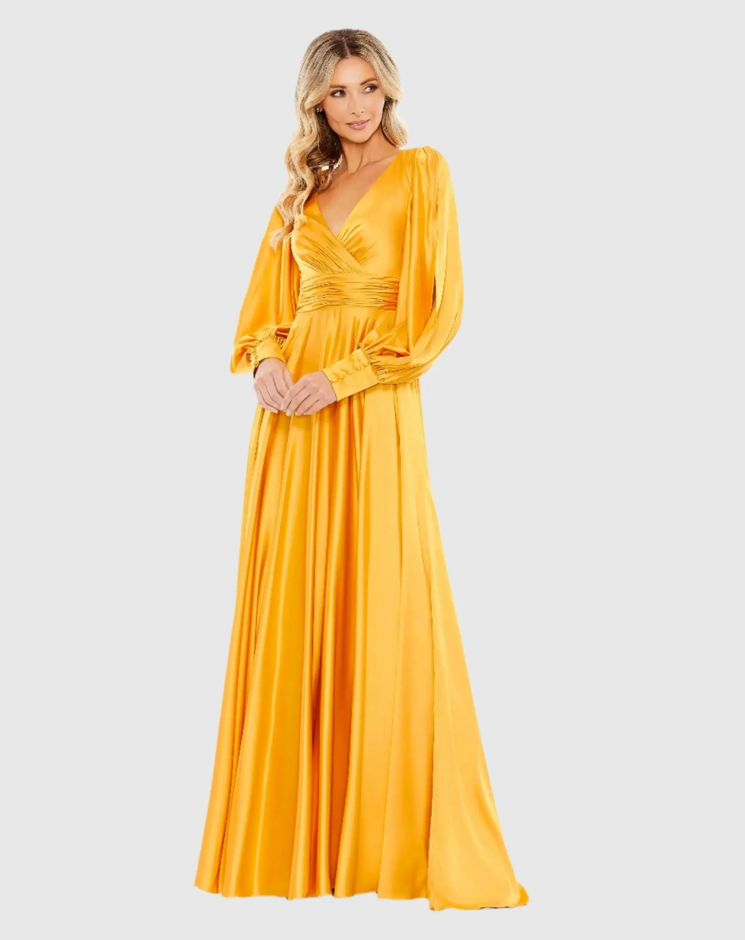 Yellow Split Bishop Sleeve Wrap Over Flowy Gown