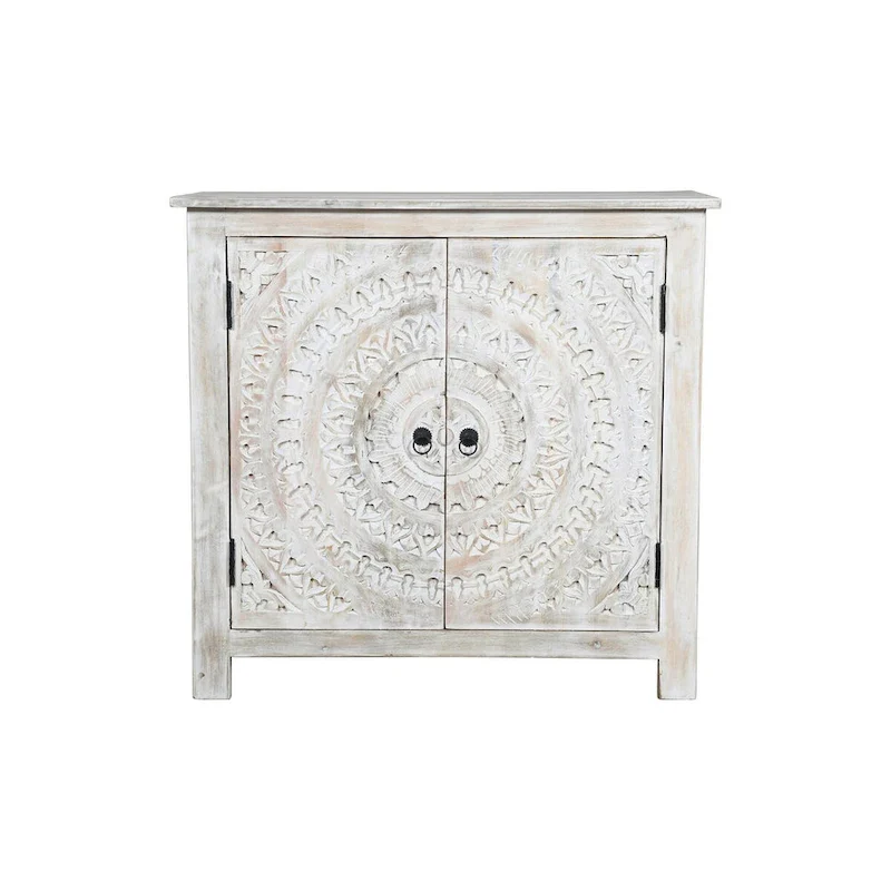 Whitewash Hand-Carved 2-Door Accent Cabinet — Solid Mango Wood, No Assembly Required