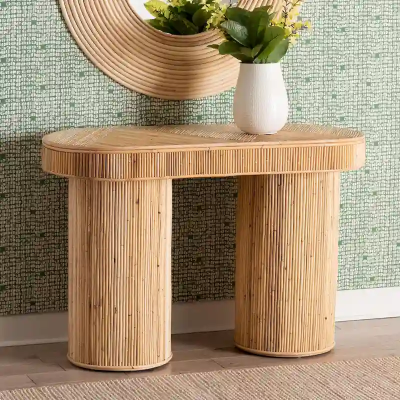Light Honey Rattan Console Table, Bohemian Style, 1-Person