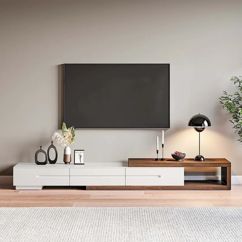 Modern Extendable White TV Stand, Solid Wood, Up to 100, 3 Drawers, Walnut Veneer