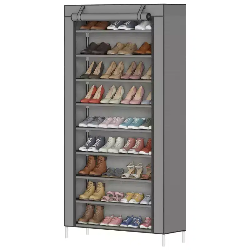Dustproof Shoe Rack 10-Tier Tall Free-Standing Organizer for Closet Entryway Large Capacity Holds 40-50 Pairs Space-Saving Shelf with Side Pockets