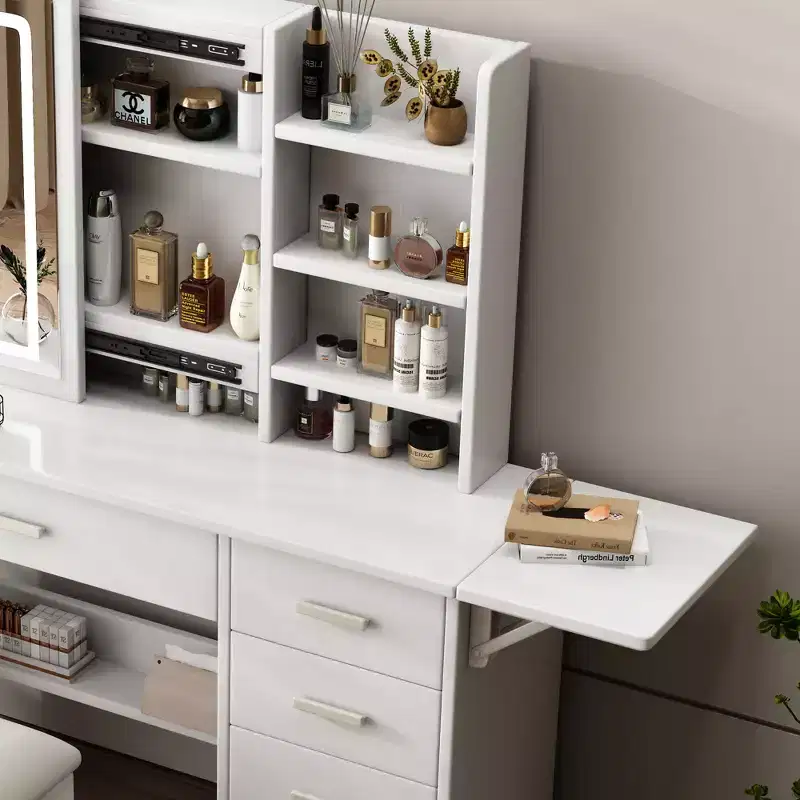 JVNOXK White Makeup Vanity Desk with Lighted Mirror & Chair, 5 Drawers, Open Shelves, 3 Color Adjustable LED Lighting Vanity Table Set