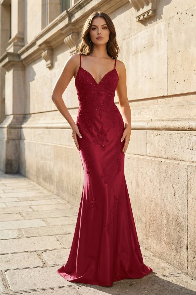 Red V Neck Mermaid Satin Beaded Long Prom Dresses With Appliques