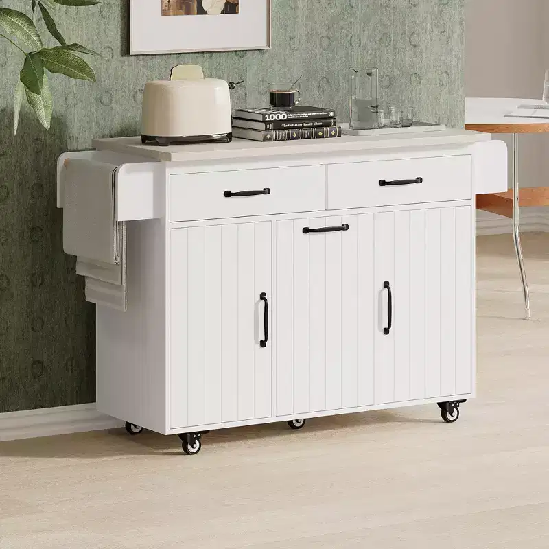 JVNOXK Multi-Functional Folding Kitchen Cart Island with Trash Bin, Storage Cabinet, and Drawers Wheeled Island with Adjustable Shelves White