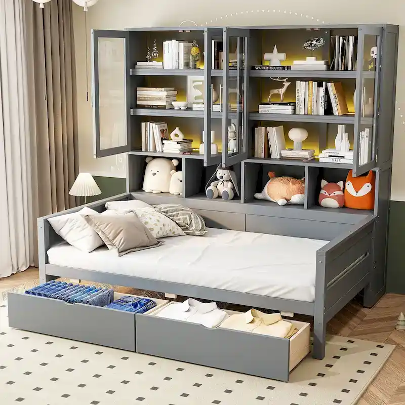 Bookcase Daybed with Storage Cabinets Wooden Captains Bed Built-in LED Lighting