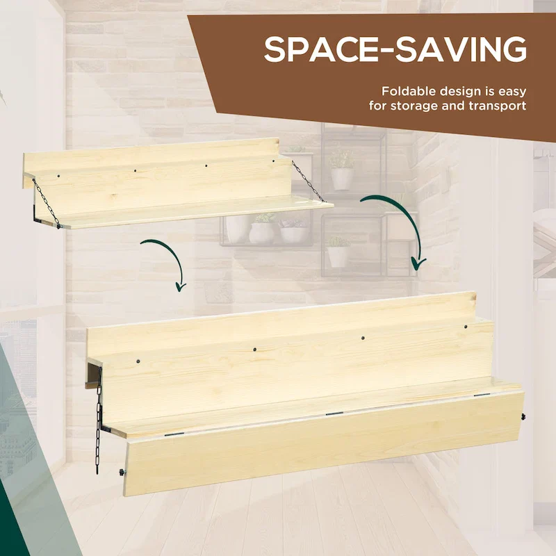 Outsunny Hanging Balcony Table, Spruce Wood Foldable Railing Bar, Serving Table & Desk, Fits up to 3.9 Inches, Natural