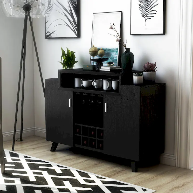 Wine Cabinet Buffet with 8-Bottle Rack and Stemware Storage – Black / Cappuccino