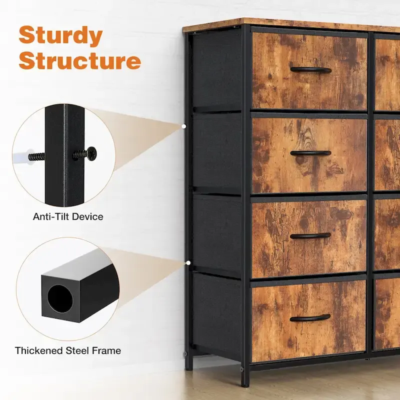 Tall Dresser with 8 Drawers, Fabric Chest of Drawers with Wood Top and Steel Frame