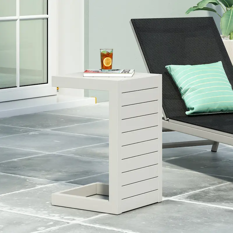 Coral 24 Inch White Metal Side Table C-Shaped Design Outdoor Aluminum