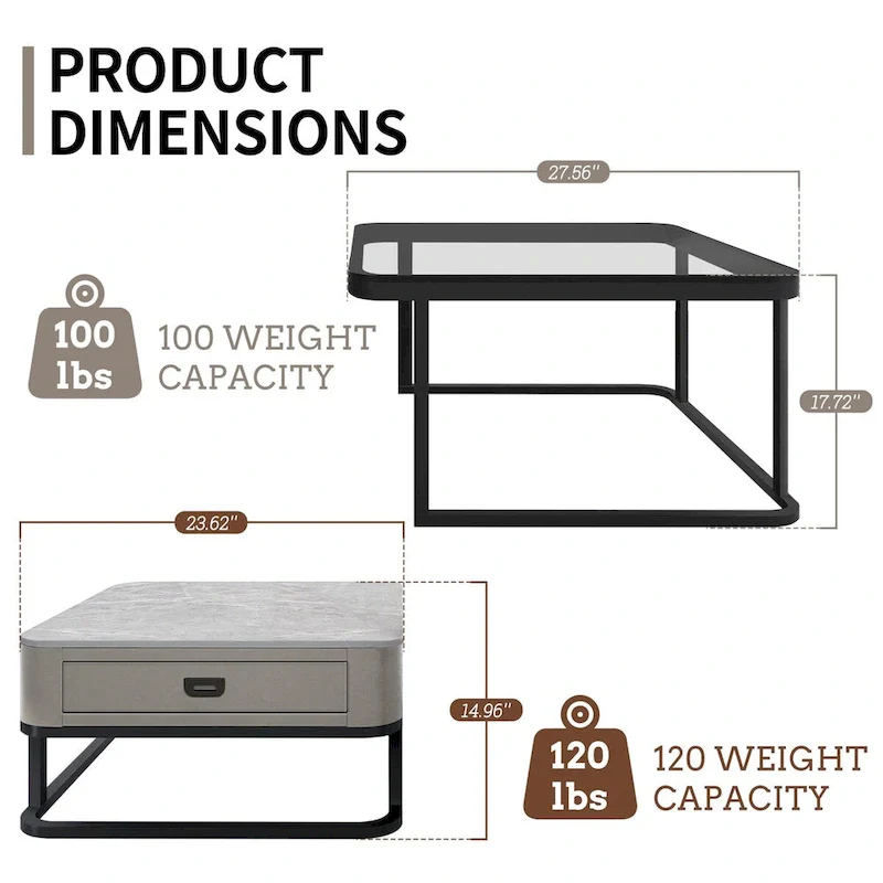 Modern Glass Waterproof Square Nesting Coffee Table with Drawer