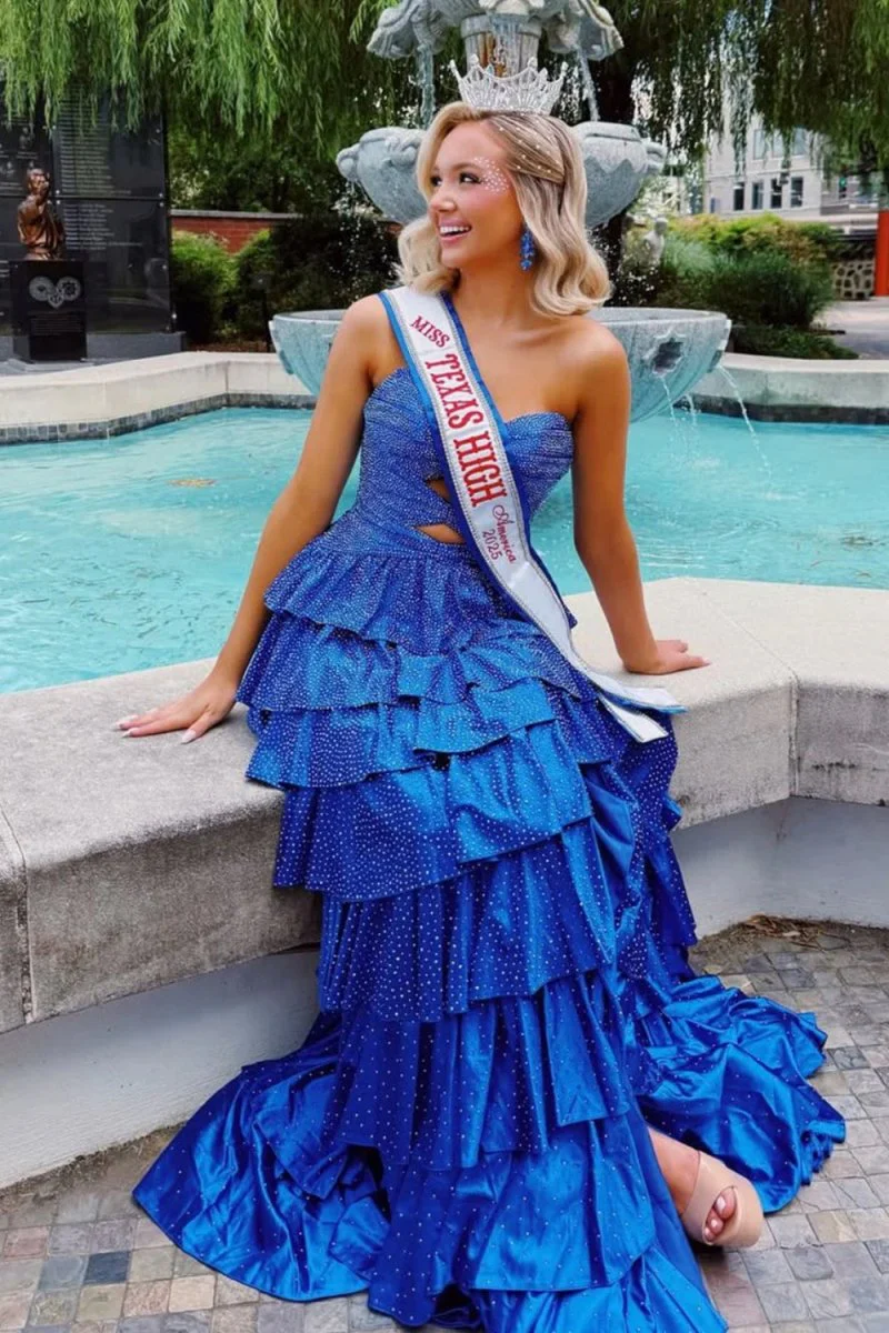 Yellow Strapless A Line Satin Beaded Long Prom Dresses With Ruffles