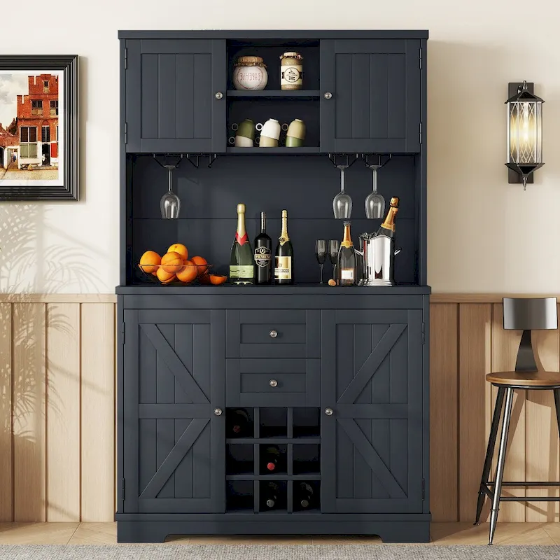 Dark Blue / Off White / Brown Oak Freestanding Bar Cabinet with Wine Rack, Drawers & Stemware Hooks – Single