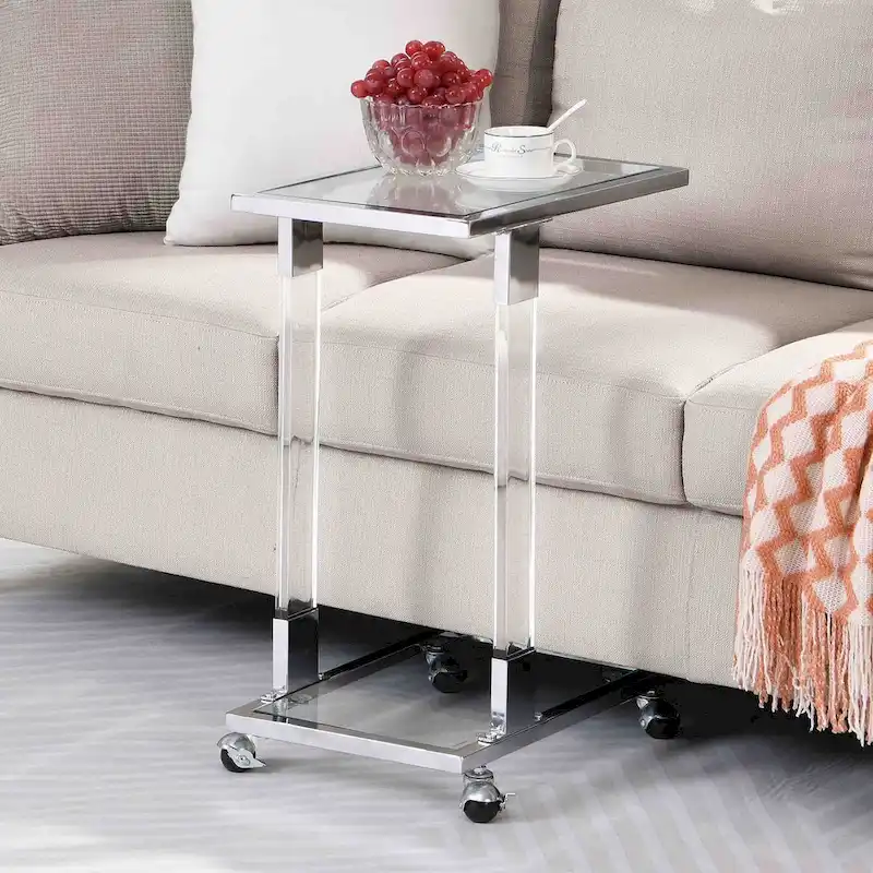 Chrome & Gold C-Shape Glass Side Table with Metal Base & Casters, 1-Person Use