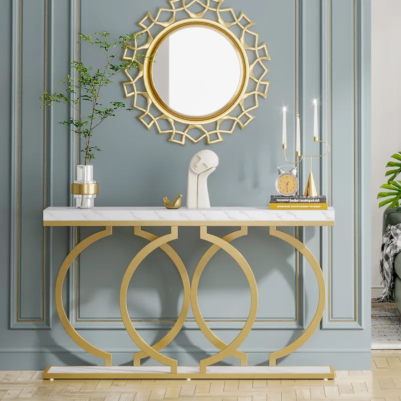 55-Inch Console Table, White/Black/Walnut/Brown, Metal Frame, Narrow Entryway Sofa Table for 1 Person