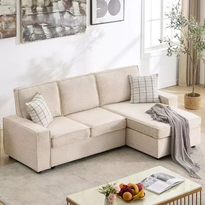 L-Shaped Modular Sectional Sofa, Deep Seated Cloud Couch, Modern Beige Corduroy Couch with Chaise, Convertible Sofa Lounge