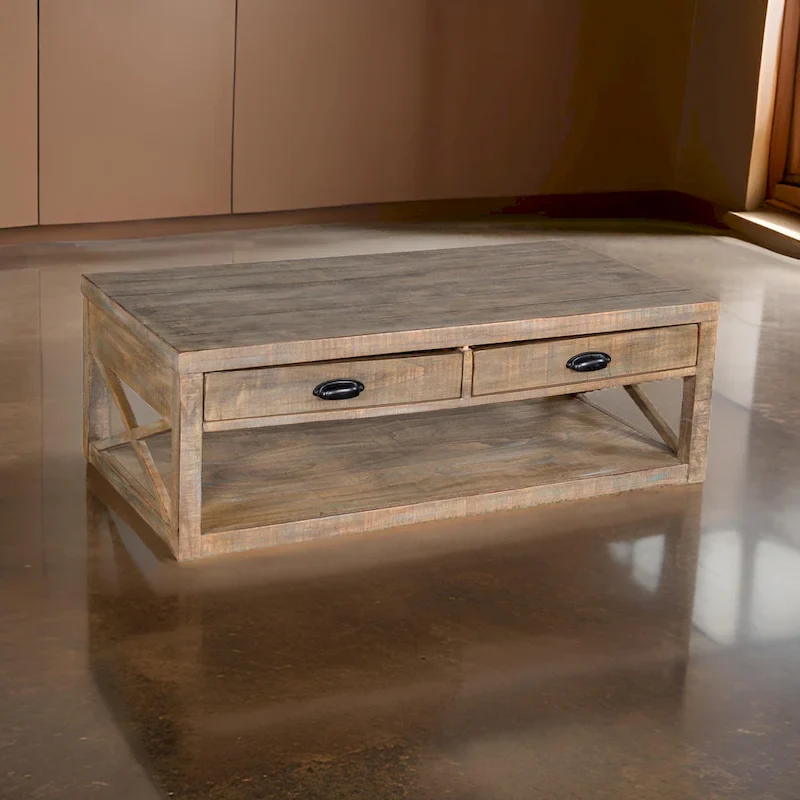 Cocktail Table, 2 Drawers, Shelf, 48 Inch Rectangular Light Brown