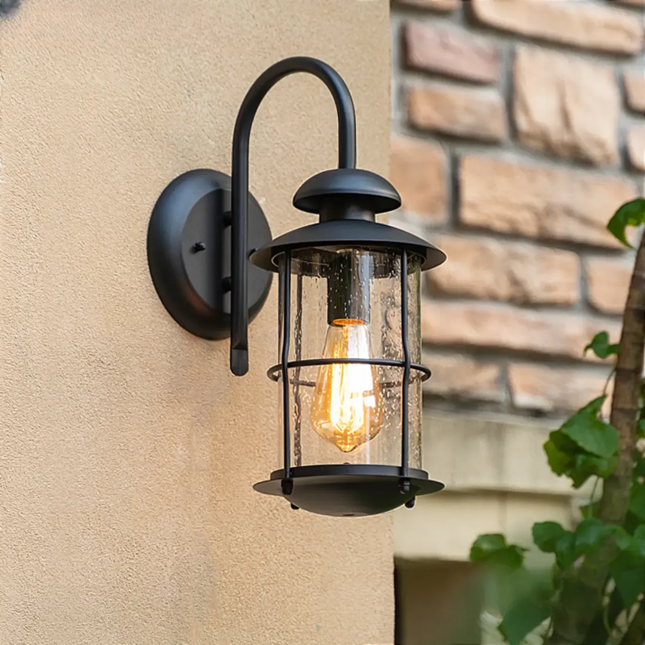 Industrial Black Metal Glass Outdoor Wall Lantern Light