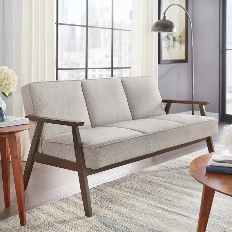 Grey / Blue / Yellow Mid-Century Modern Linen-Look Sofa with Walnut Legs - Fits 3 People