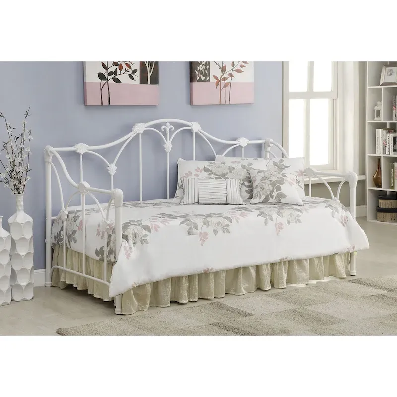 White Metal Twin Daybed with Floral Arch, 1-Person