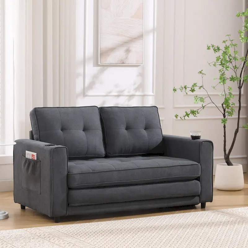 Foldable Tufted Loveseat with Pull Out Bed and Side Pockets