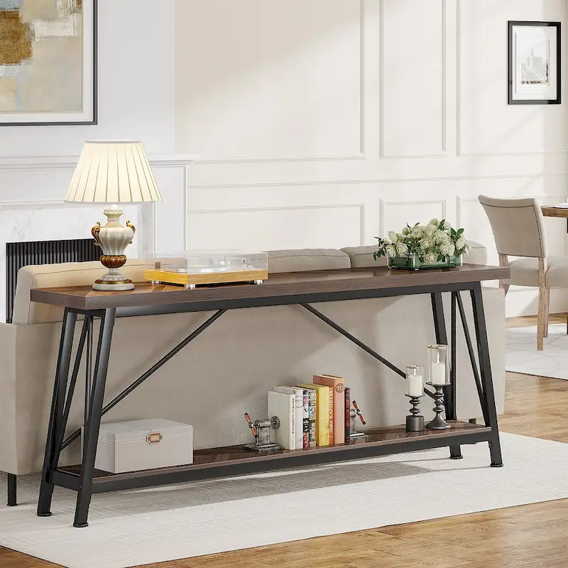 Rustic Brown Industrial Console Table with 2-Tier Storage