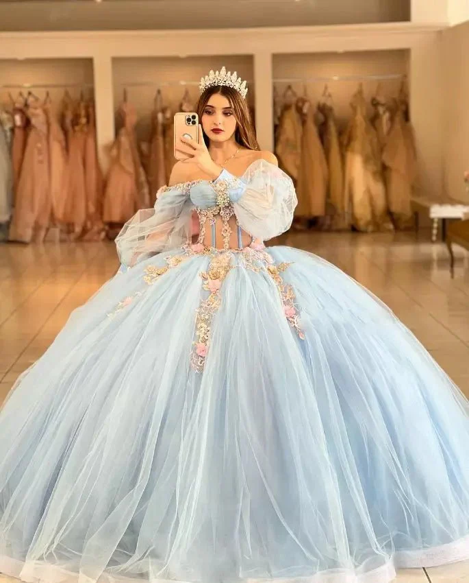 Sky Blue Quinceanera Dresses with 3D Flowers and Half Sleeve