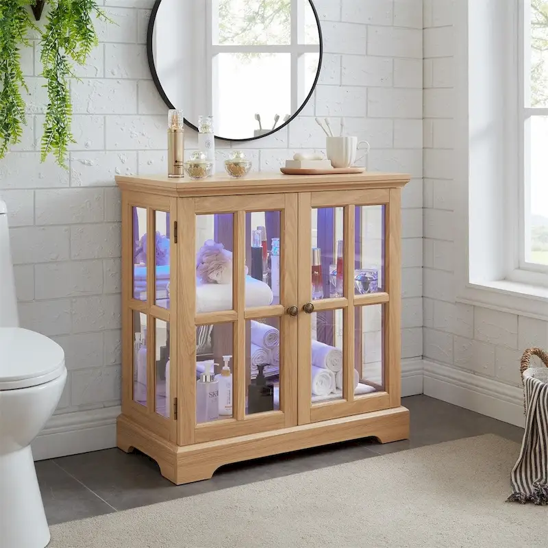 LED Glass Antique Curio Display Cabinet Showcase with Lattice Doors